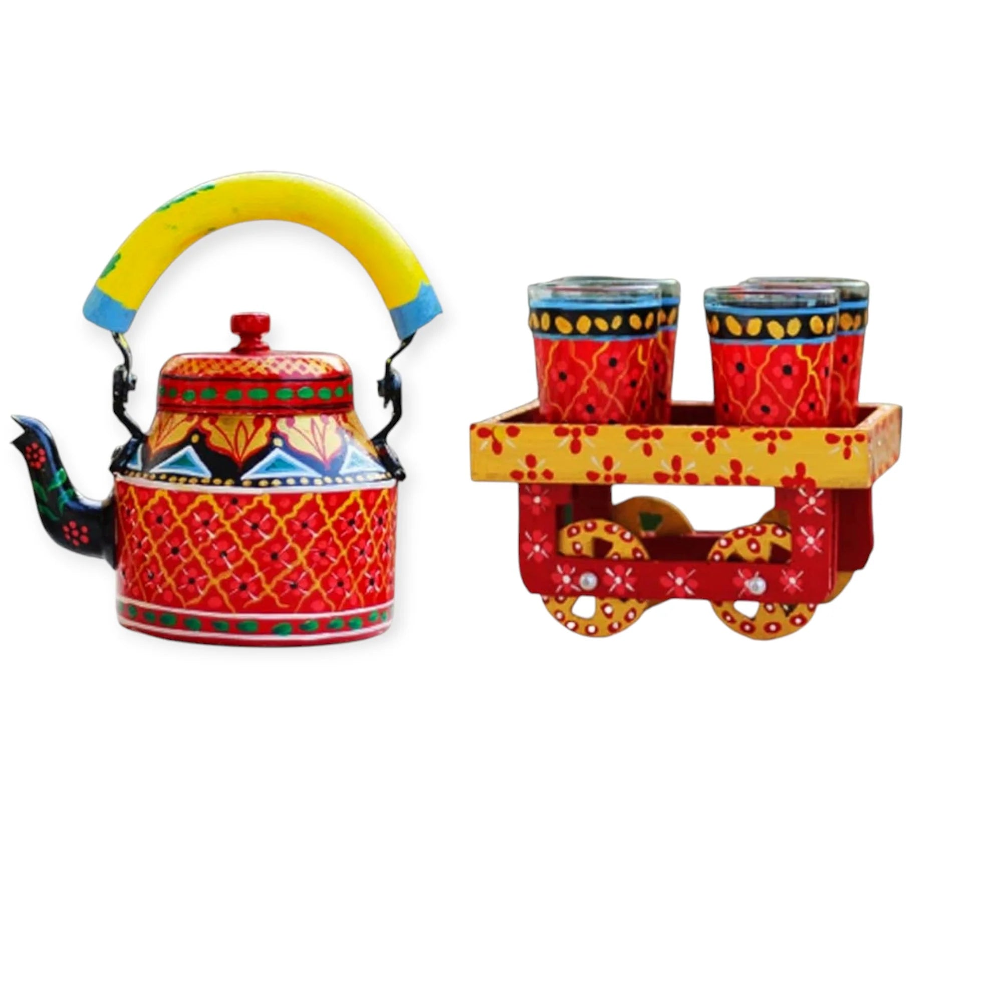 Hand Painted Aluminum Red Tea Kettle With Wooden Trolley Set