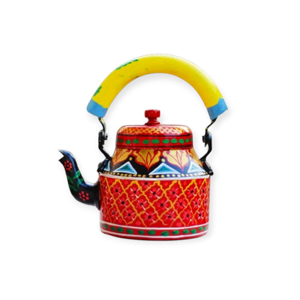 Hand Painted Aluminum Red Tea Kettle With Wooden Trolley Set