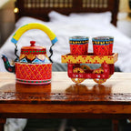 Hand Painted Aluminum Red Tea Kettle With Wooden Trolley Set