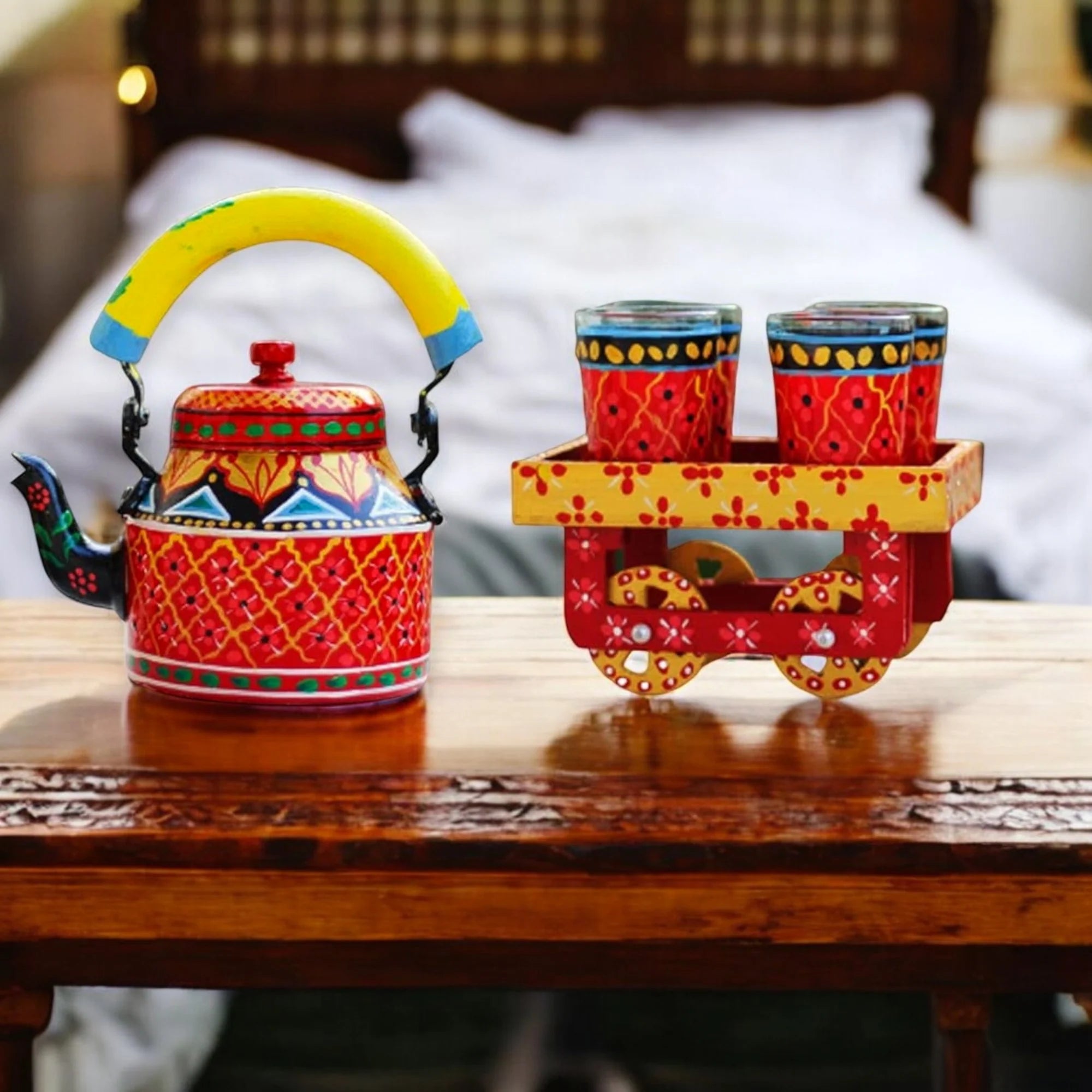 Hand Painted Aluminum Red Tea Kettle With Wooden Trolley Set