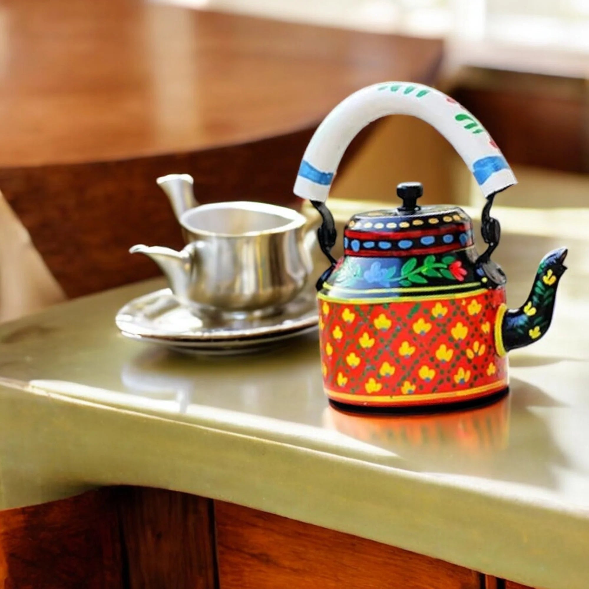 Hand Painted Aluminum Orange Tea Kettle With Wooden Trolley Set Secondary image