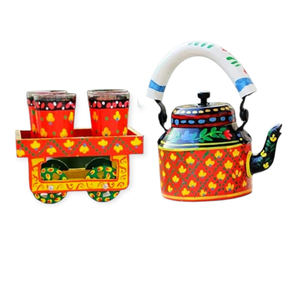 Hand Painted Aluminum Orange Tea Kettle With Wooden Trolley Set