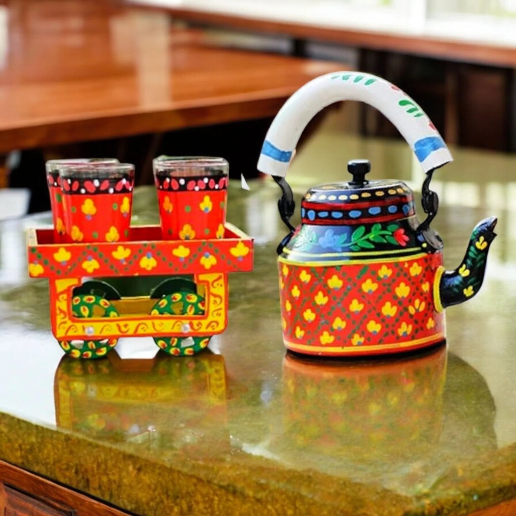 Hand Painted Aluminum Orange Tea Kettle With Wooden Trolley Set Main image