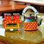 Hand Painted Aluminum Orange Tea Kettle With Wooden Trolley Set