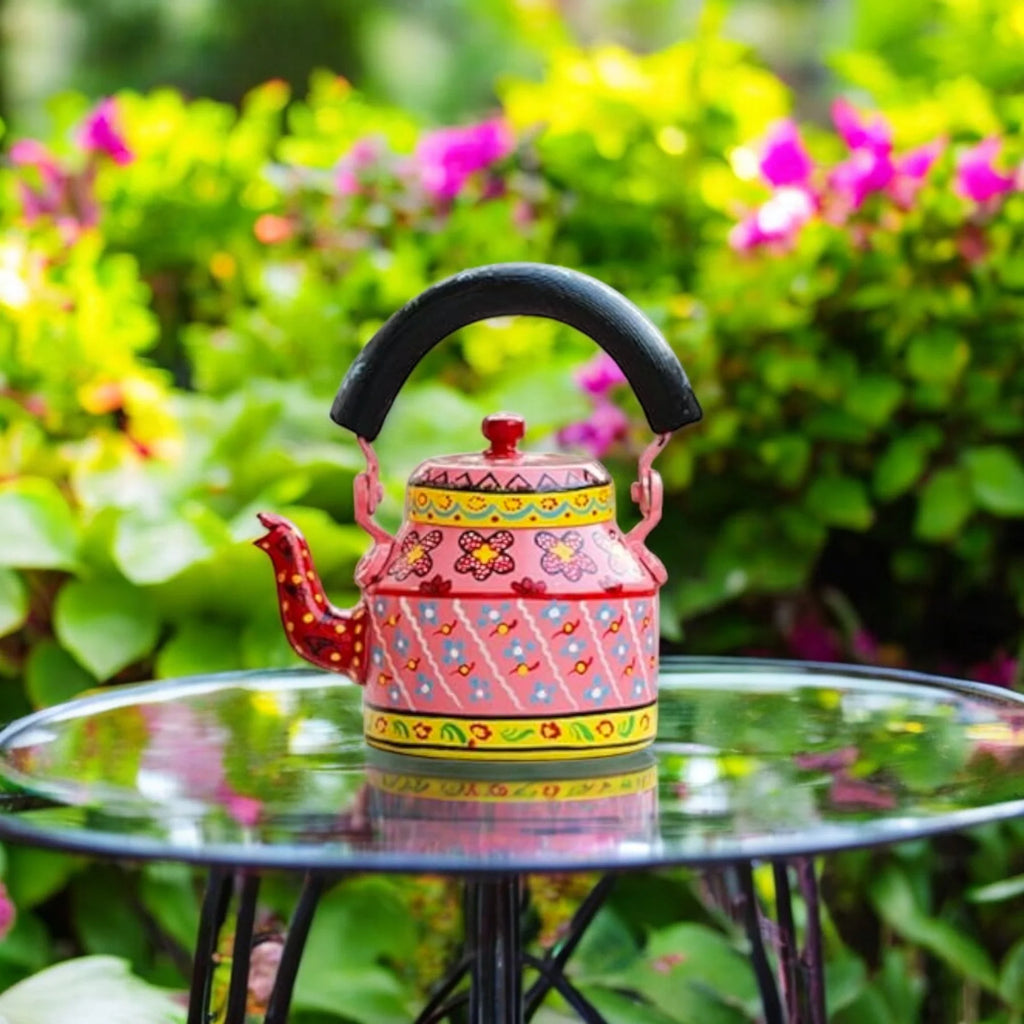 Hand Painted Aluminum Pink Tea Kettle With Wooden Trolley Set