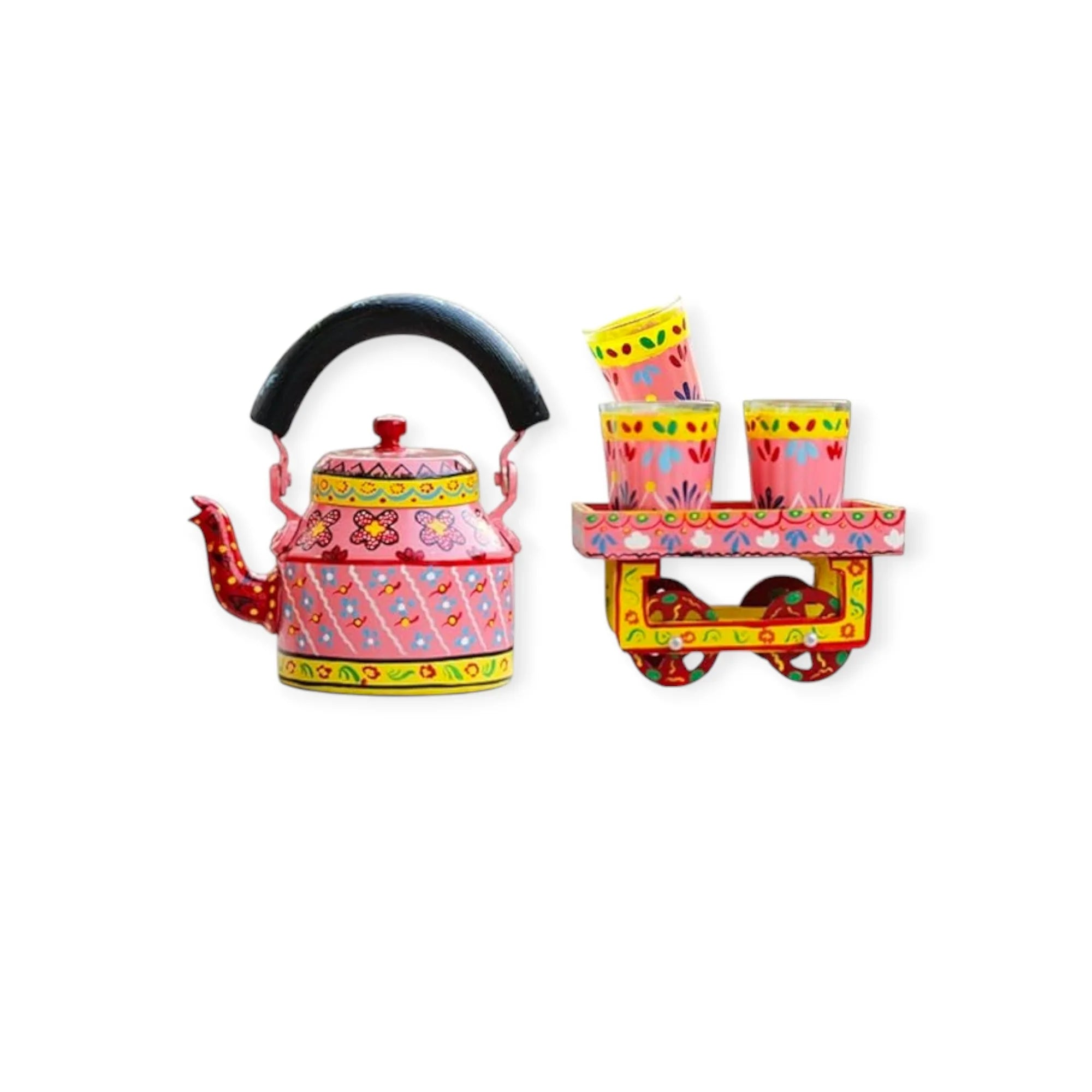 Hand Painted Aluminum Pink Tea Kettle With Wooden Trolley Set