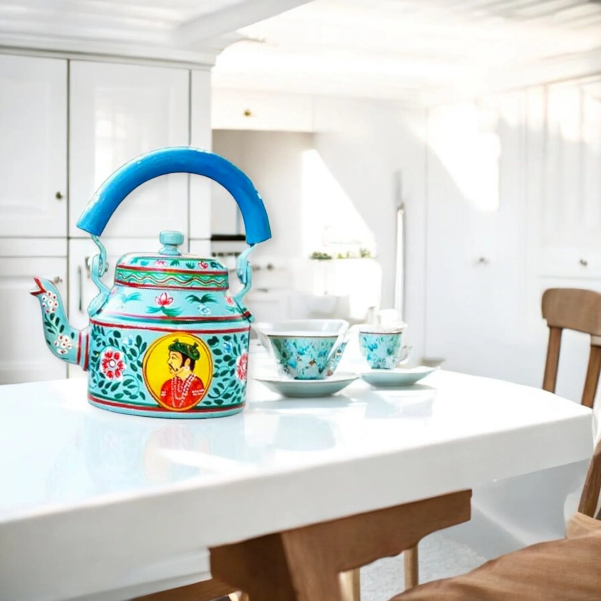 Hand Painted Aluminum Tea Kettle With Wooden Trolley Set