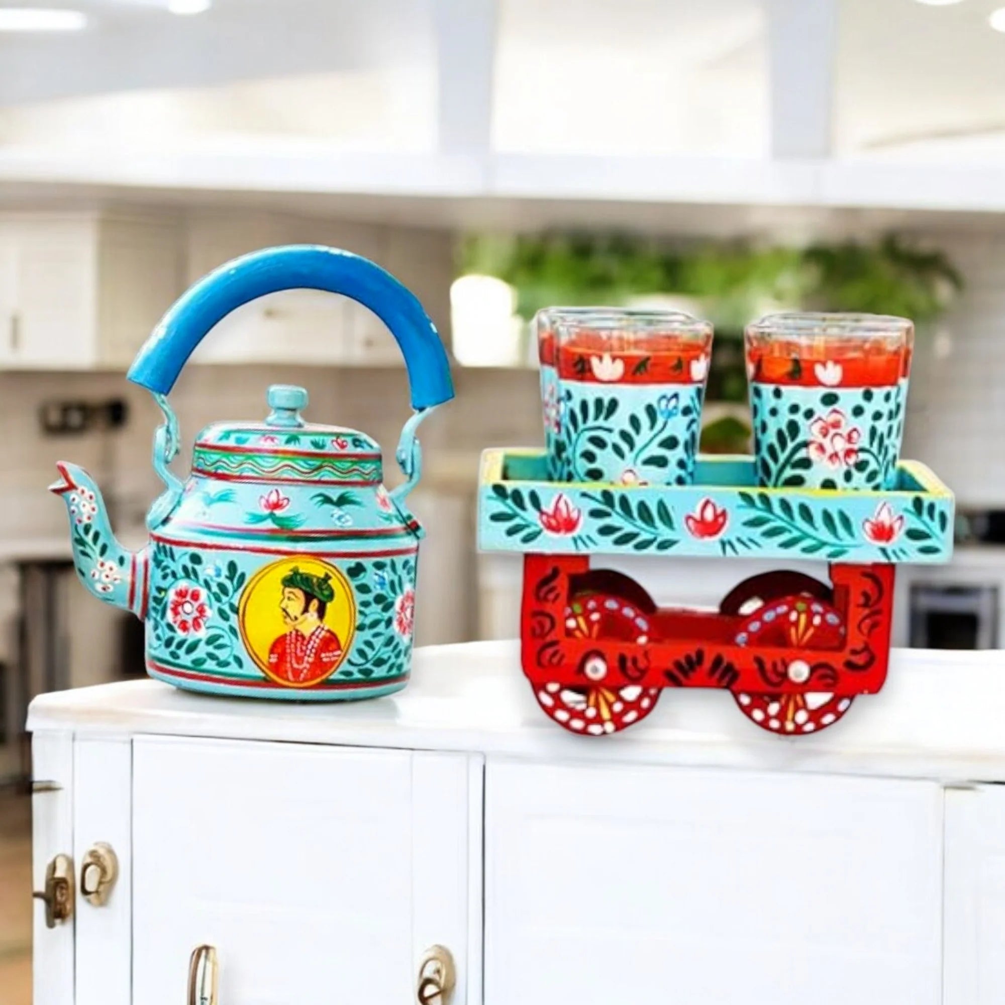 Hand Painted Aluminum Tea Kettle With Wooden Trolley Set