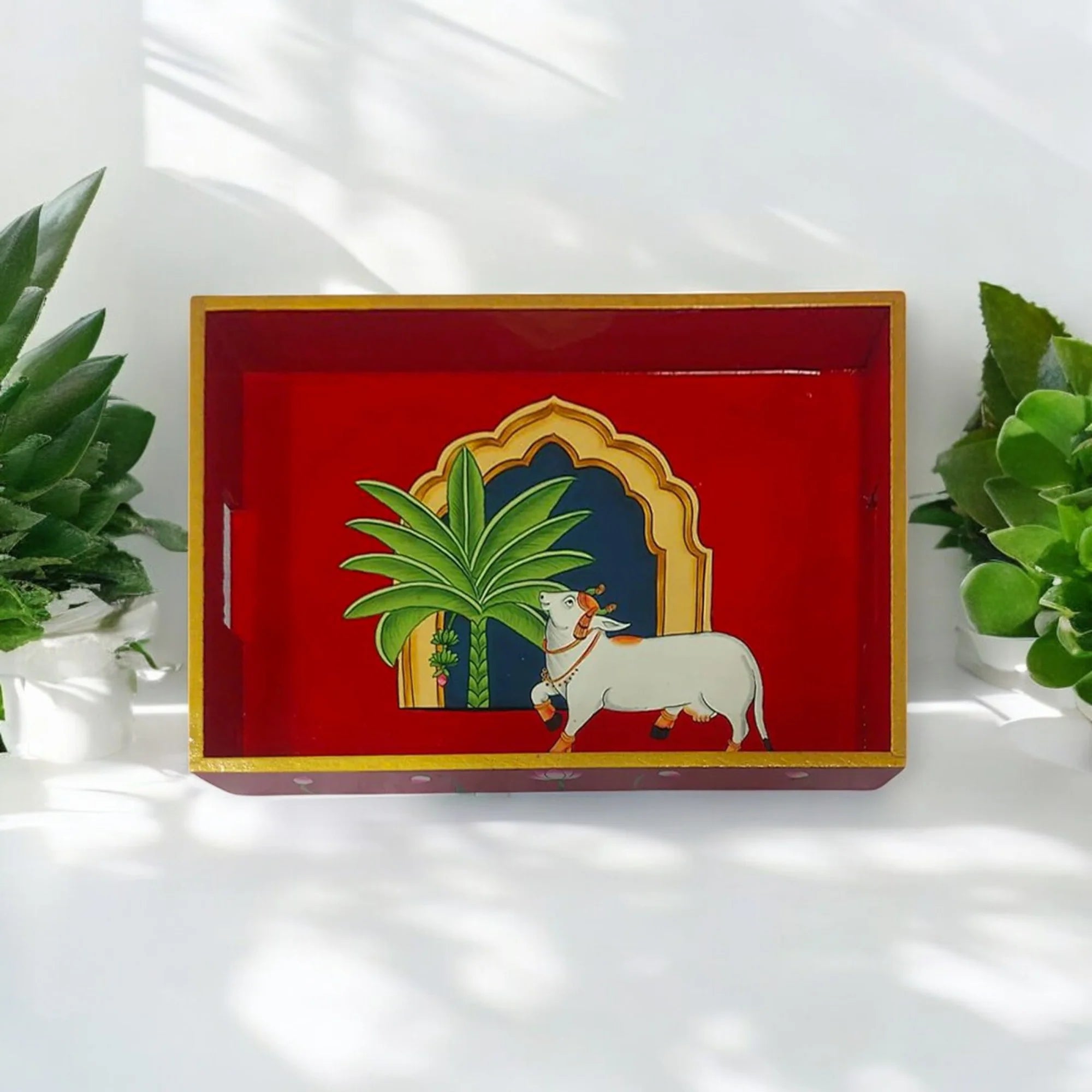Wooden Hand Painted Serving Tray With Cow Design Main image