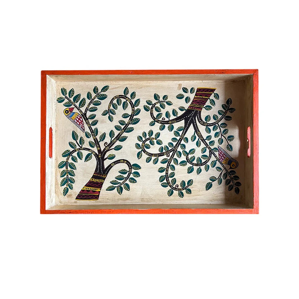 Wooden Hand Painted Serving Tray With Tree Design