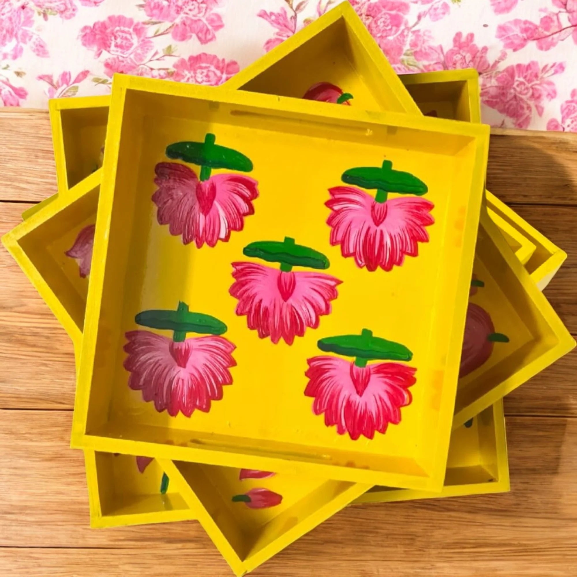 Wooden Hand Painted Serving Tray With Pink Flower Design
