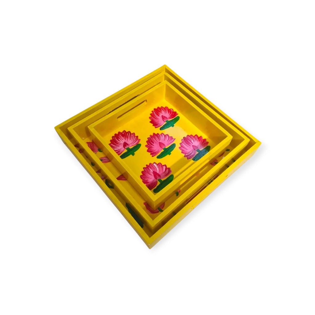 Wooden Hand Painted Serving Tray With Pink Flower Design