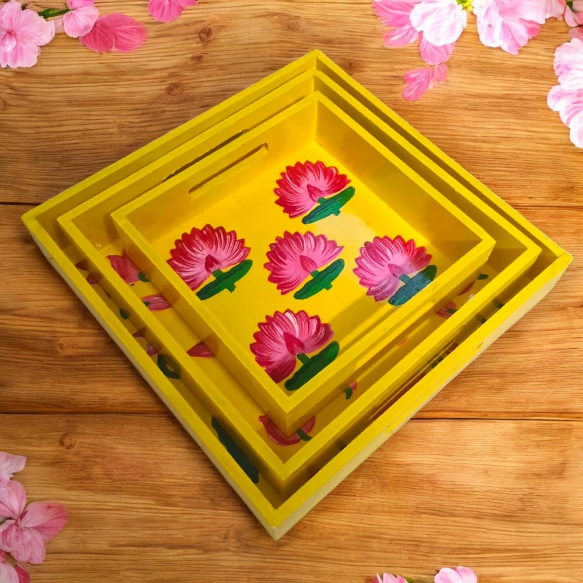 Wooden Hand Painted Serving Tray With Pink Flower Design Main image