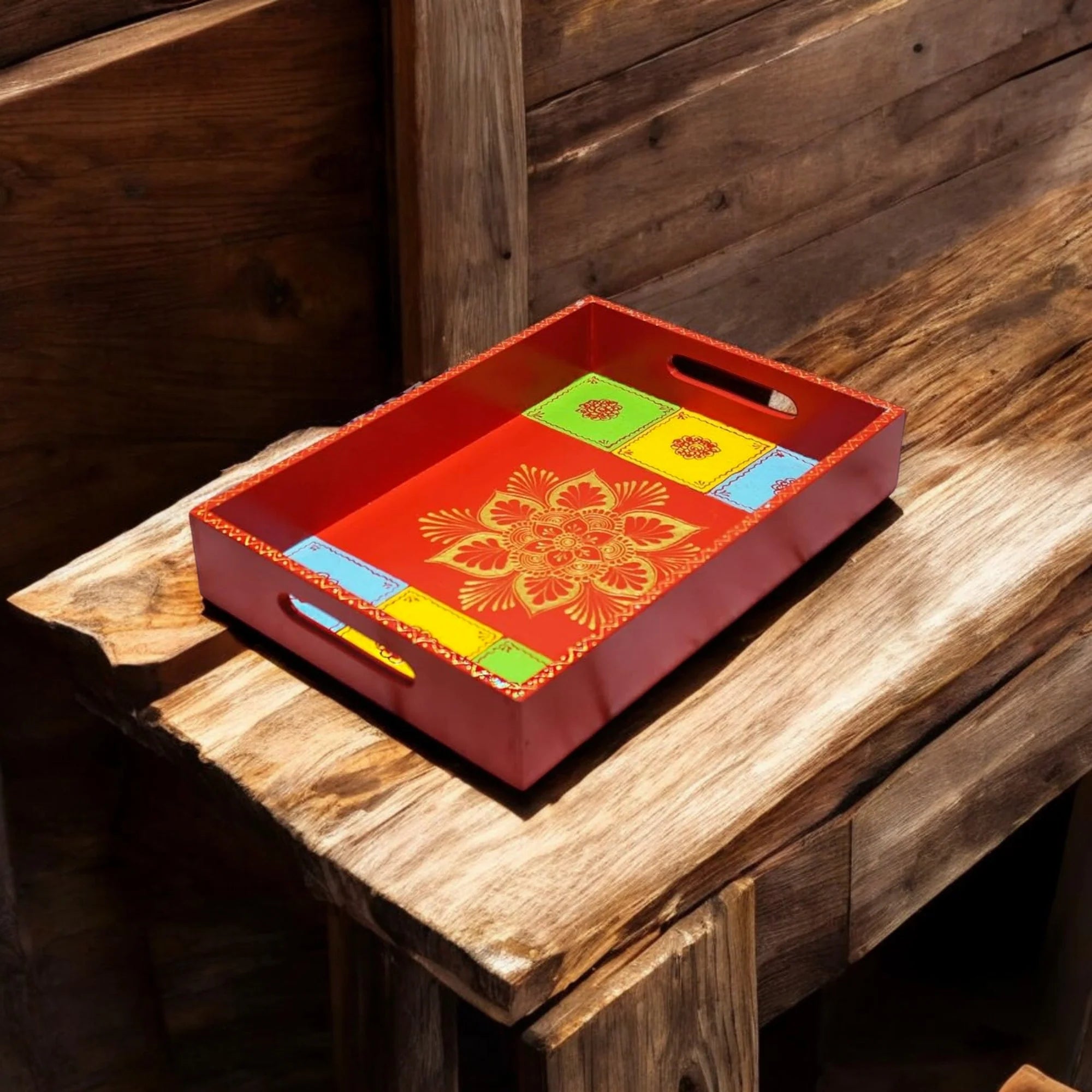 Wooden Hand Painted Serving Tray With Mandala Inspired Design Main image