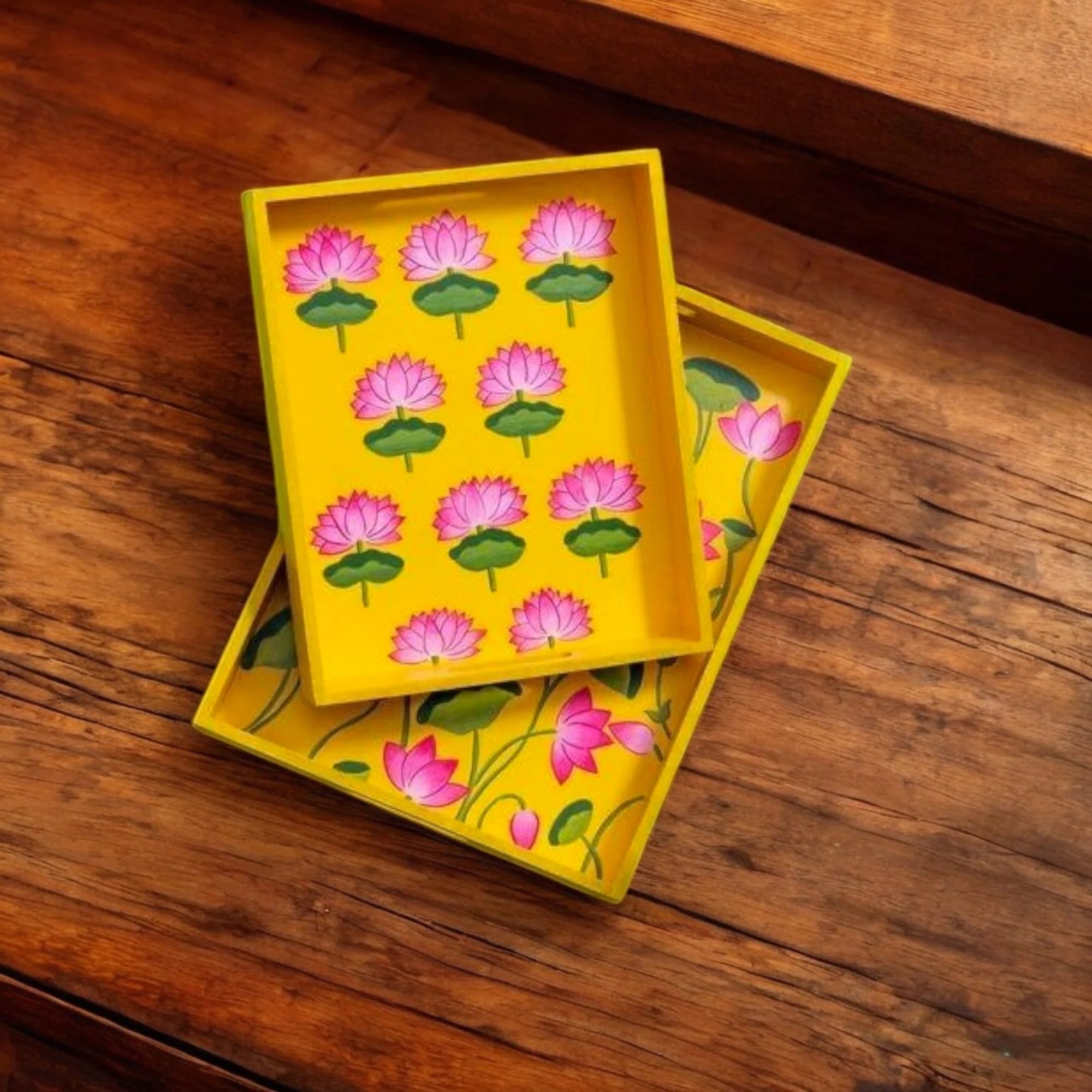 Wooden Hand Painted Serving Tray With Pink Lotus Design