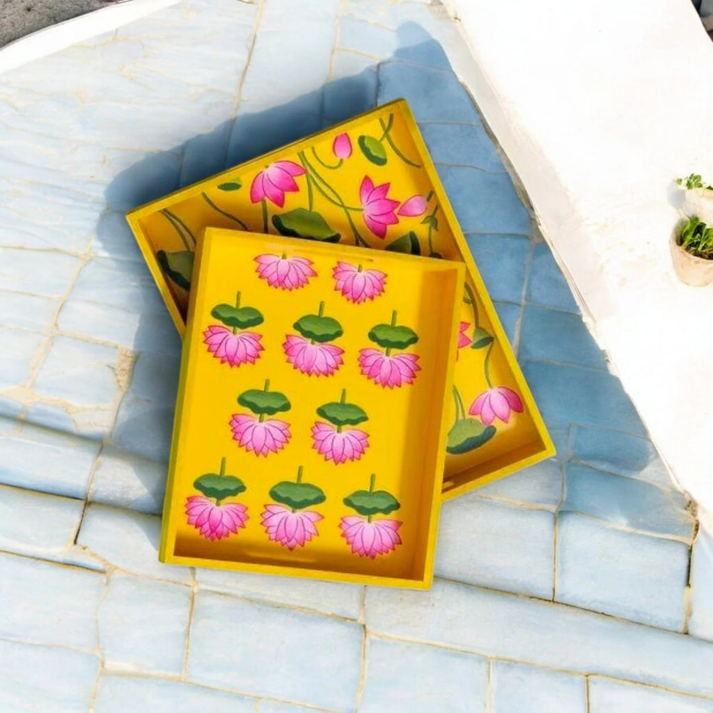 Wooden Hand Painted Serving Tray With Pink Lotus Design