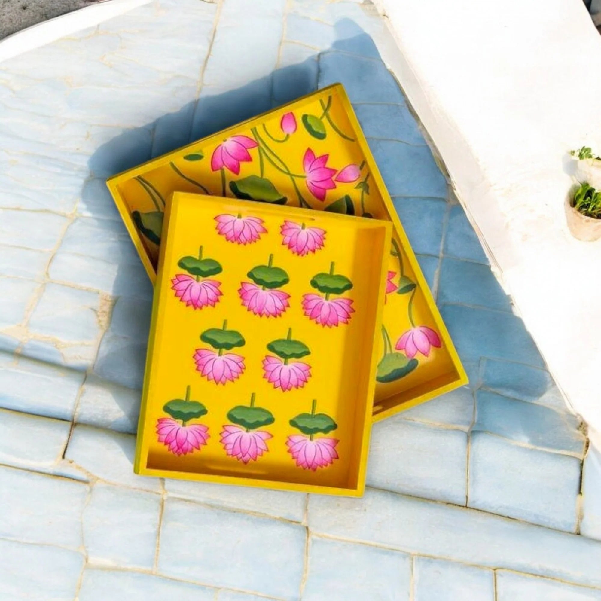 Wooden Hand Painted Serving Tray With Pink Lotus Design
