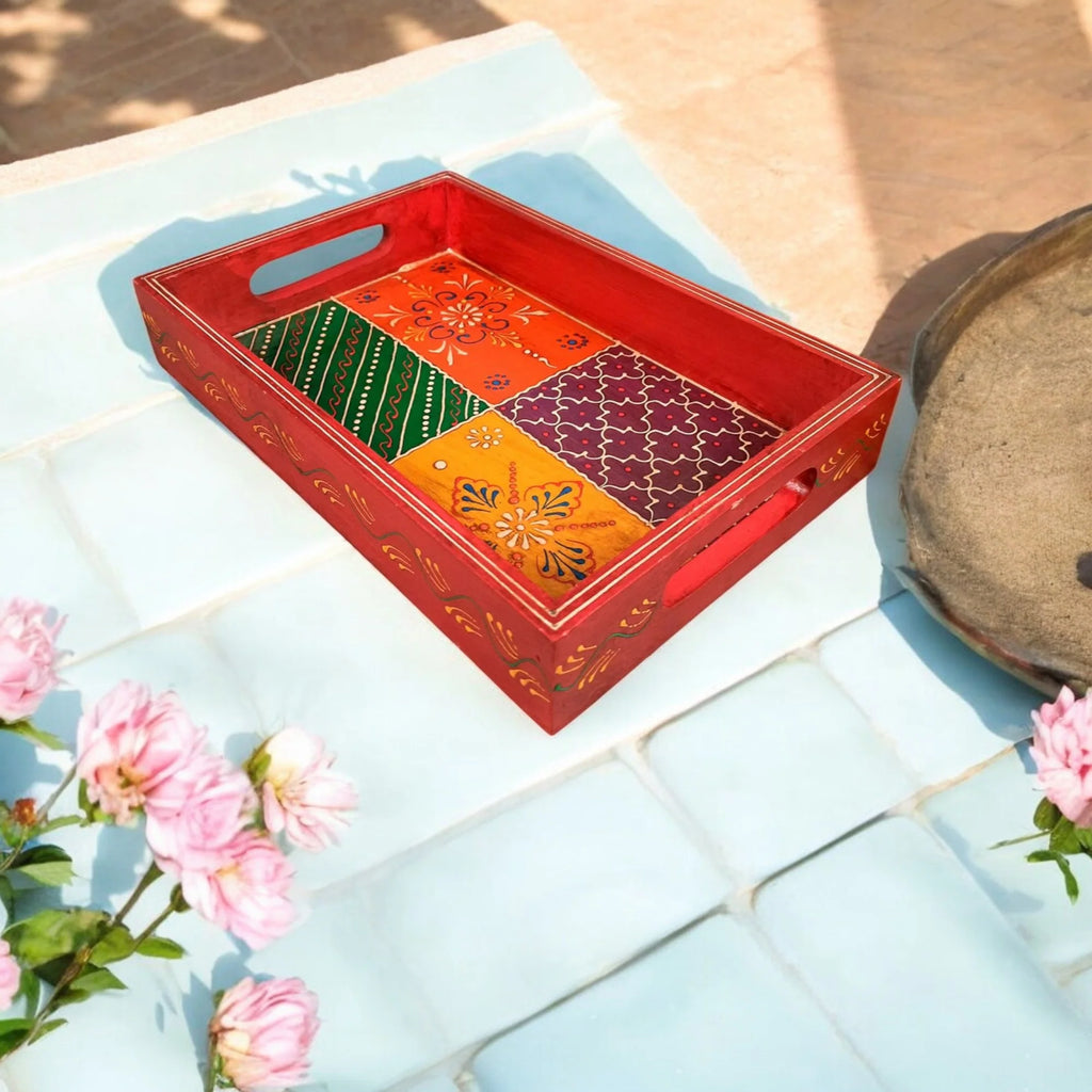 Wooden Hand Painted Serving Tray With Four Distinct Sections Design
