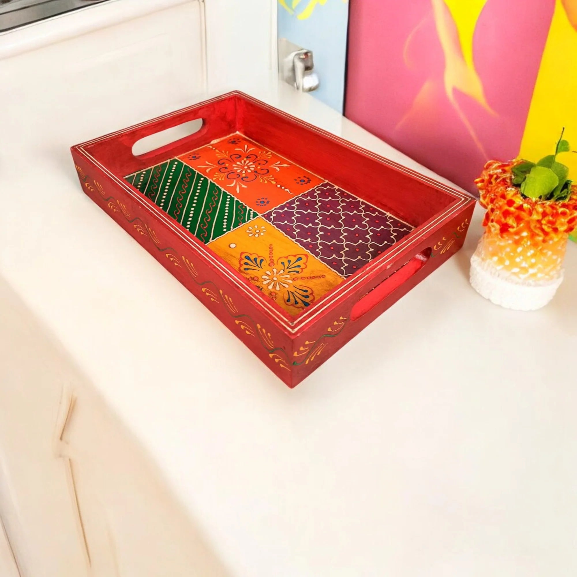 Wooden Hand Painted Serving Tray With Four Distinct Sections Design Secondary image