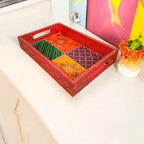 Wooden Hand Painted Serving Tray With Four Distinct Sections Design
