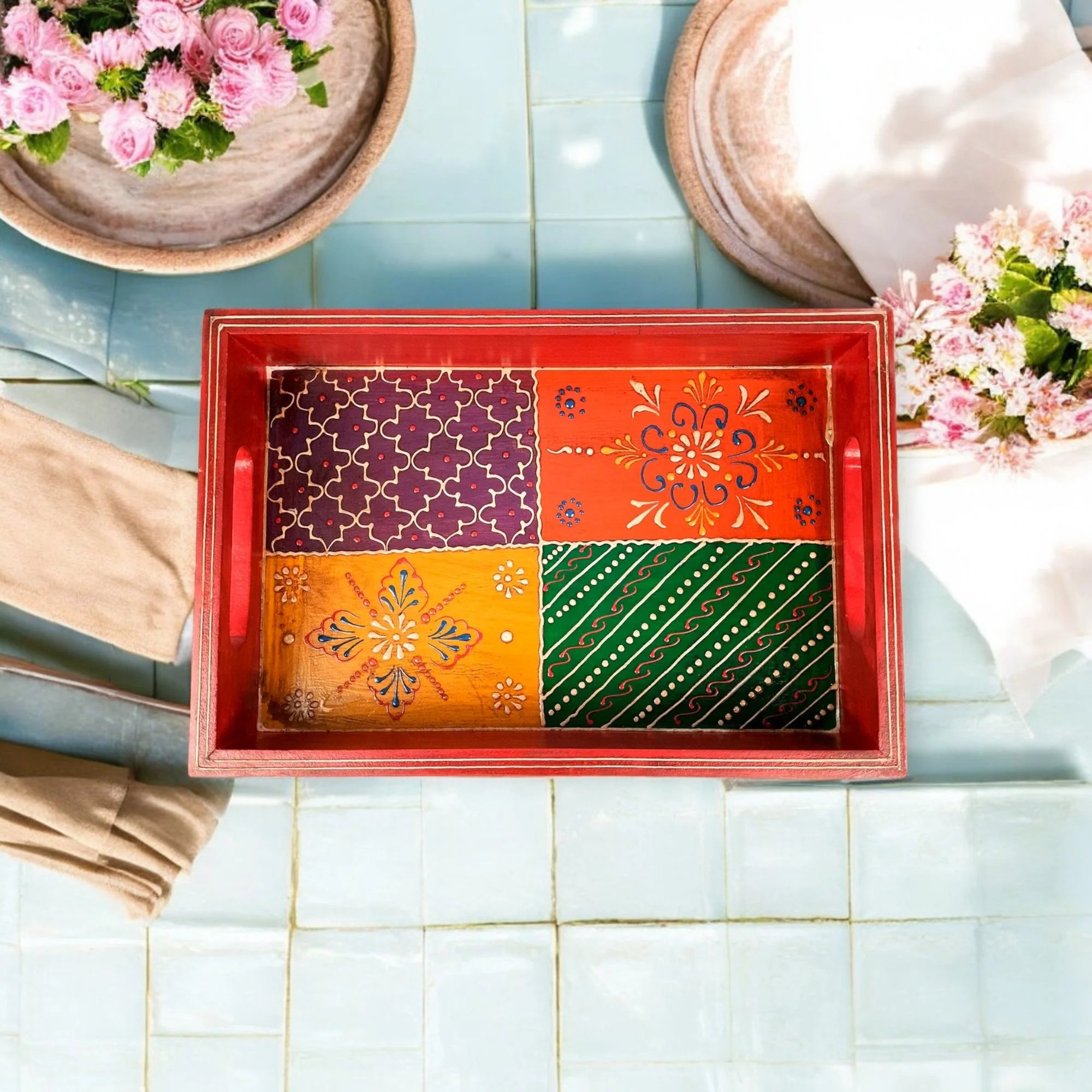 Wooden Hand Painted Serving Tray With Four Distinct Sections Design Main image