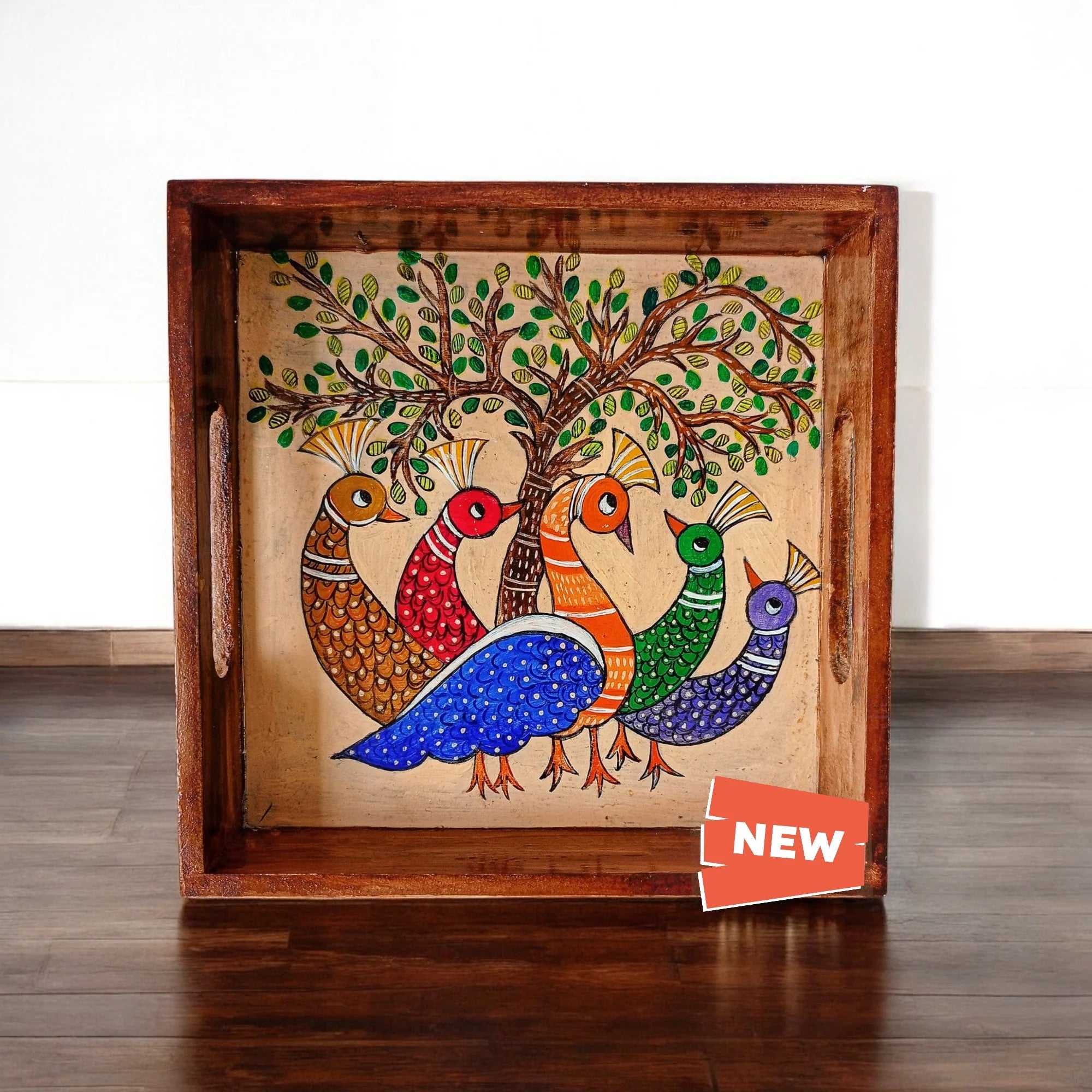 Wooden Hand Painted Serving Tray Peacock Design Main image