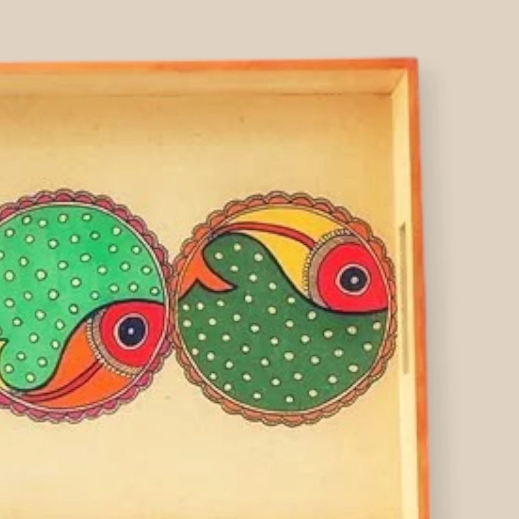 Wooden Hand Painted Serving Tray With Three Fish Design