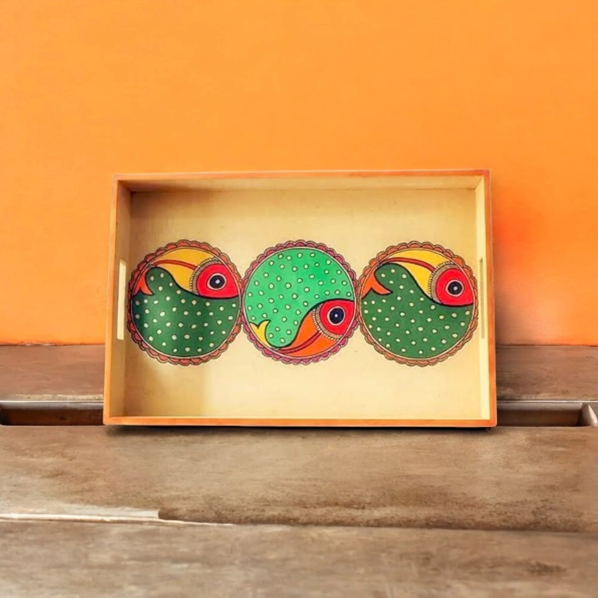 Wooden Hand Painted Serving Tray With Three Fish Design Main image