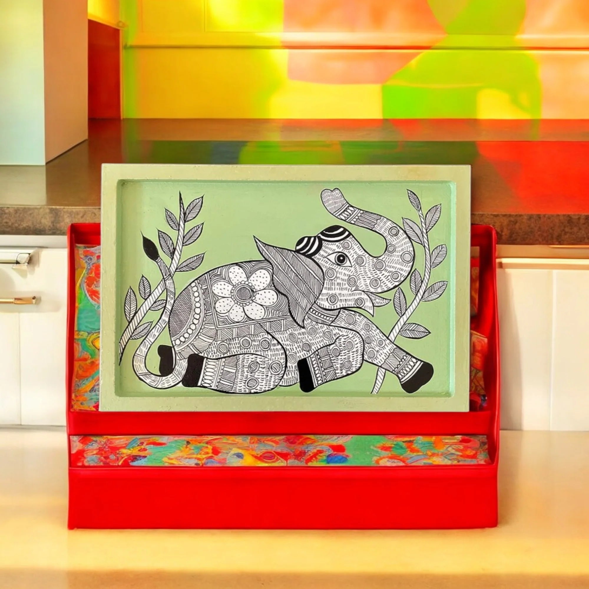Wooden Hand Painted Serving Tray Elephant Design Main image