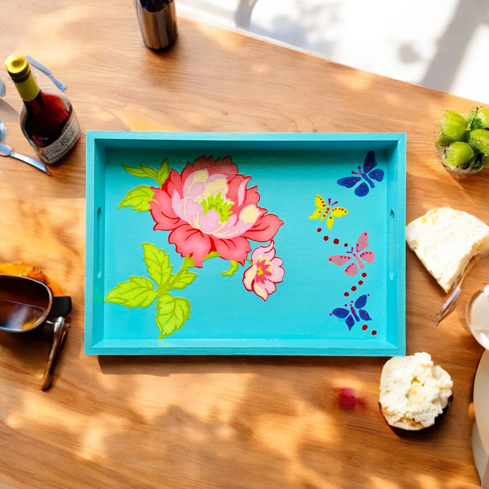 Wooden Hand Painted Serving Tray Flower Design Main image
