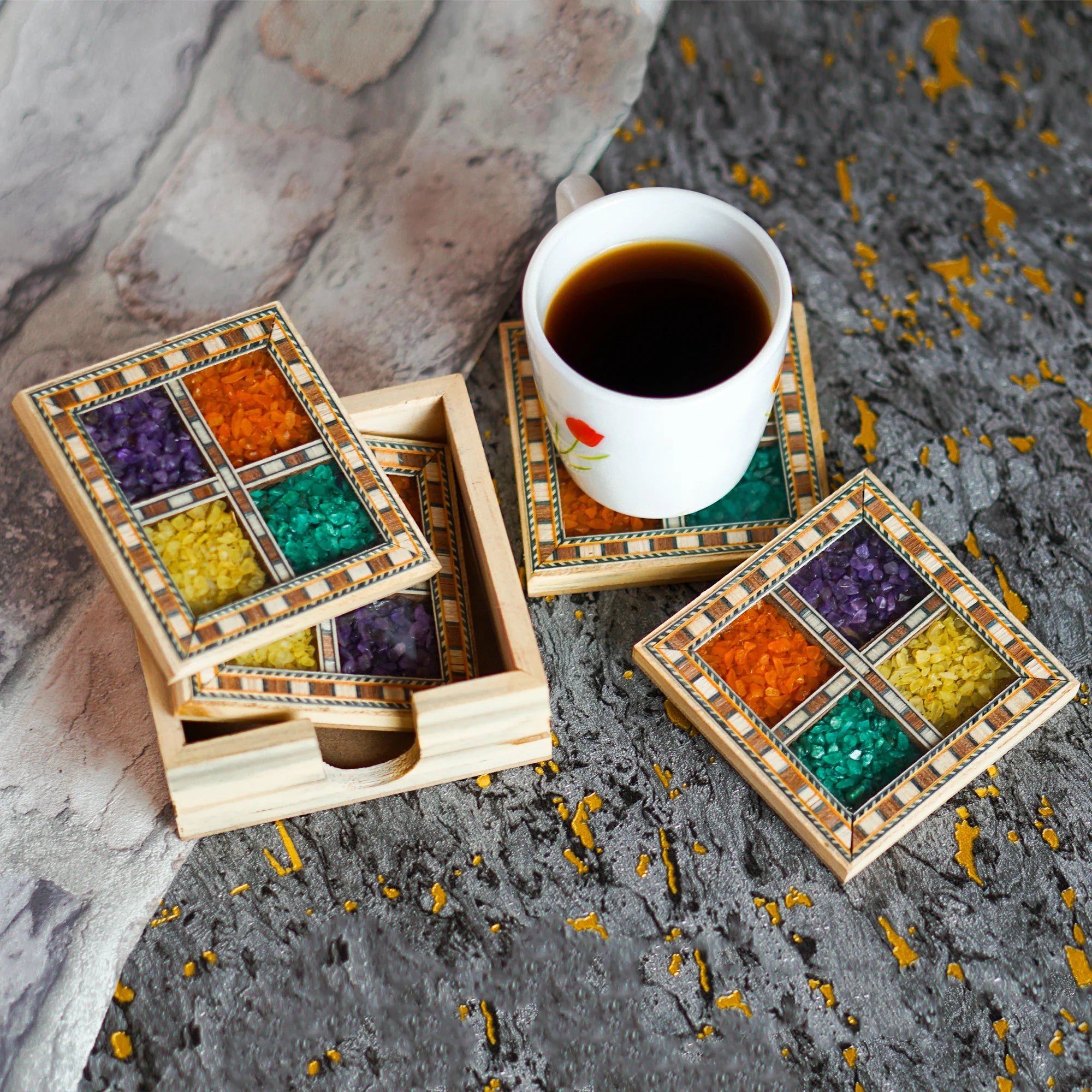 Wooden Gemstone Pine Coaster Set