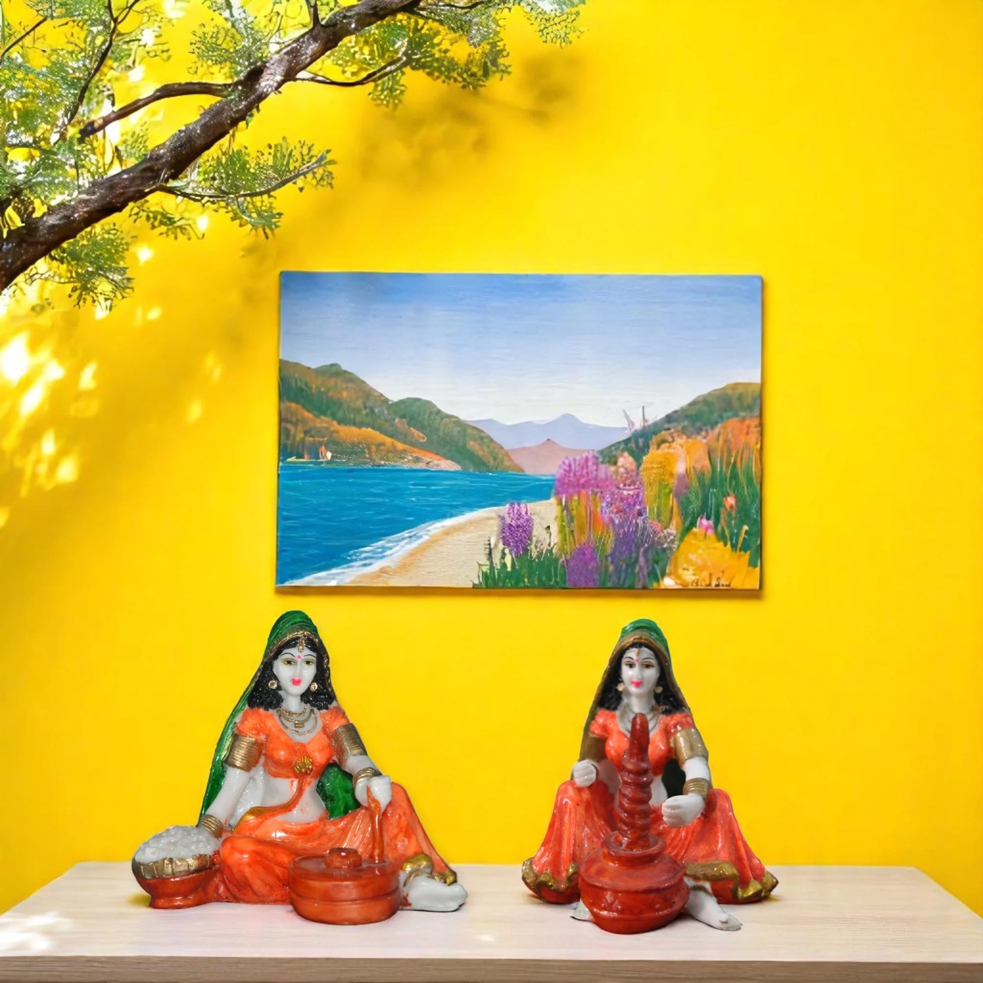 Polyresin Rajasthani Lady pair With Chakki Idol Showpiece Main image