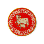 Hand Painted Pichwai Wooden Wall Plate - Divine Cow & Calf