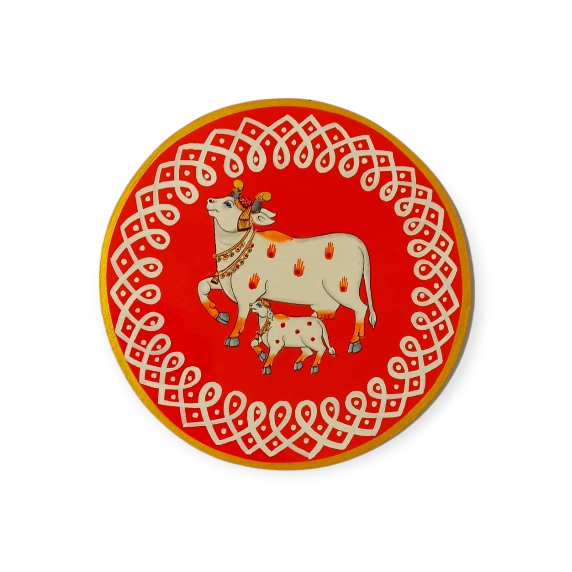 Hand Painted Pichwai Wooden Wall Plate - Divine Cow & Calf