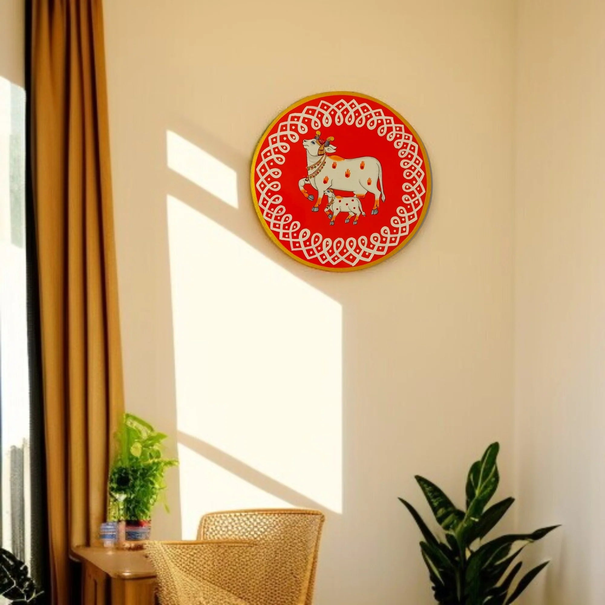Hand Painted Pichwai Wooden Wall Plate - Divine Cow & Calf