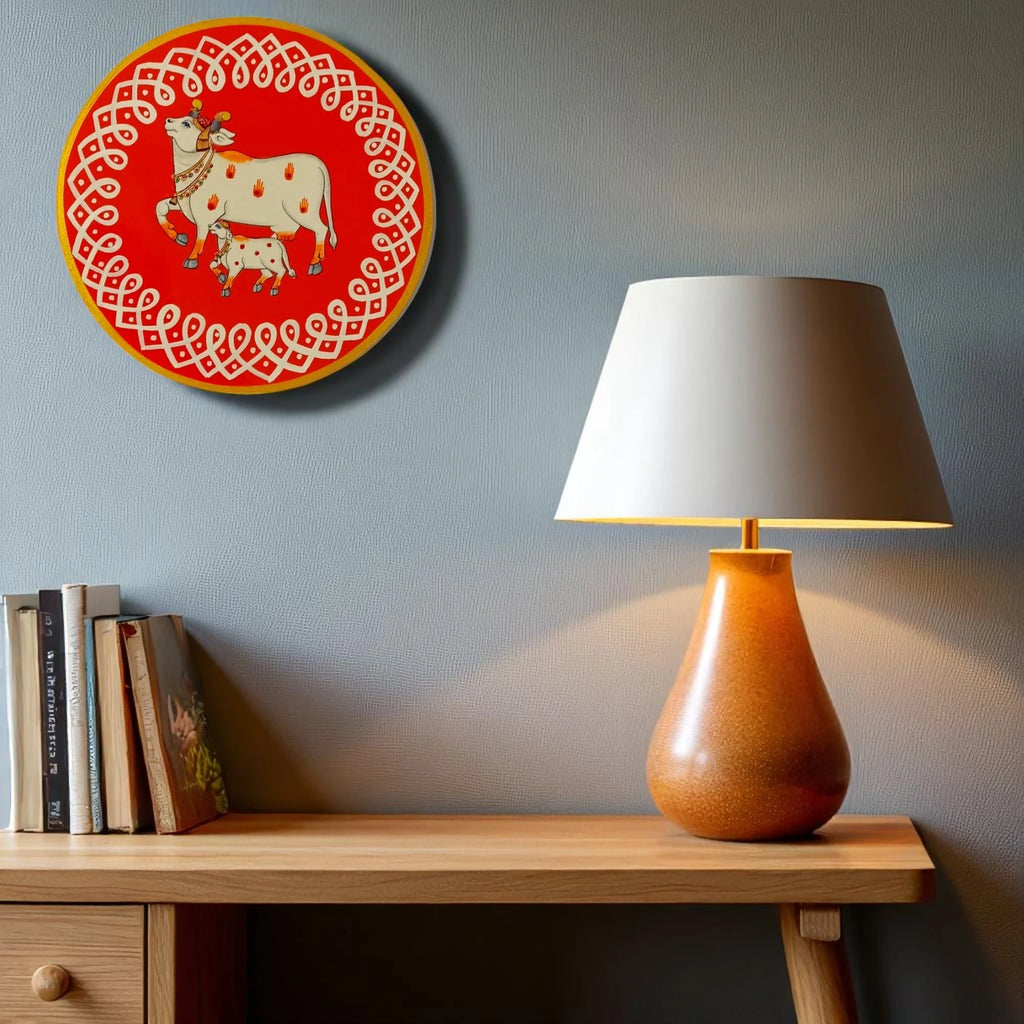 Hand Painted Pichwai Wooden Wall Plate - Divine Cow & Calf