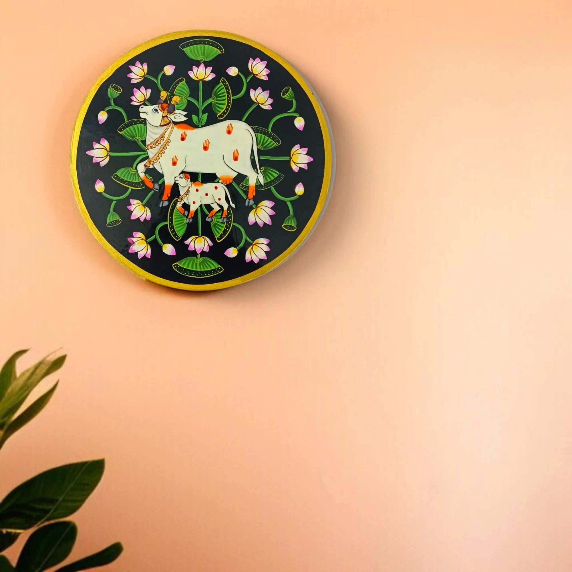 Hand-Painted Pichwai Divine Cow & Calf Wall Plate Secondary image