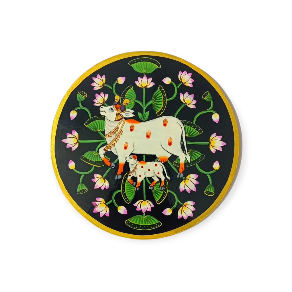 Hand-Painted Pichwai Divine Cow & Calf Wall Plate
