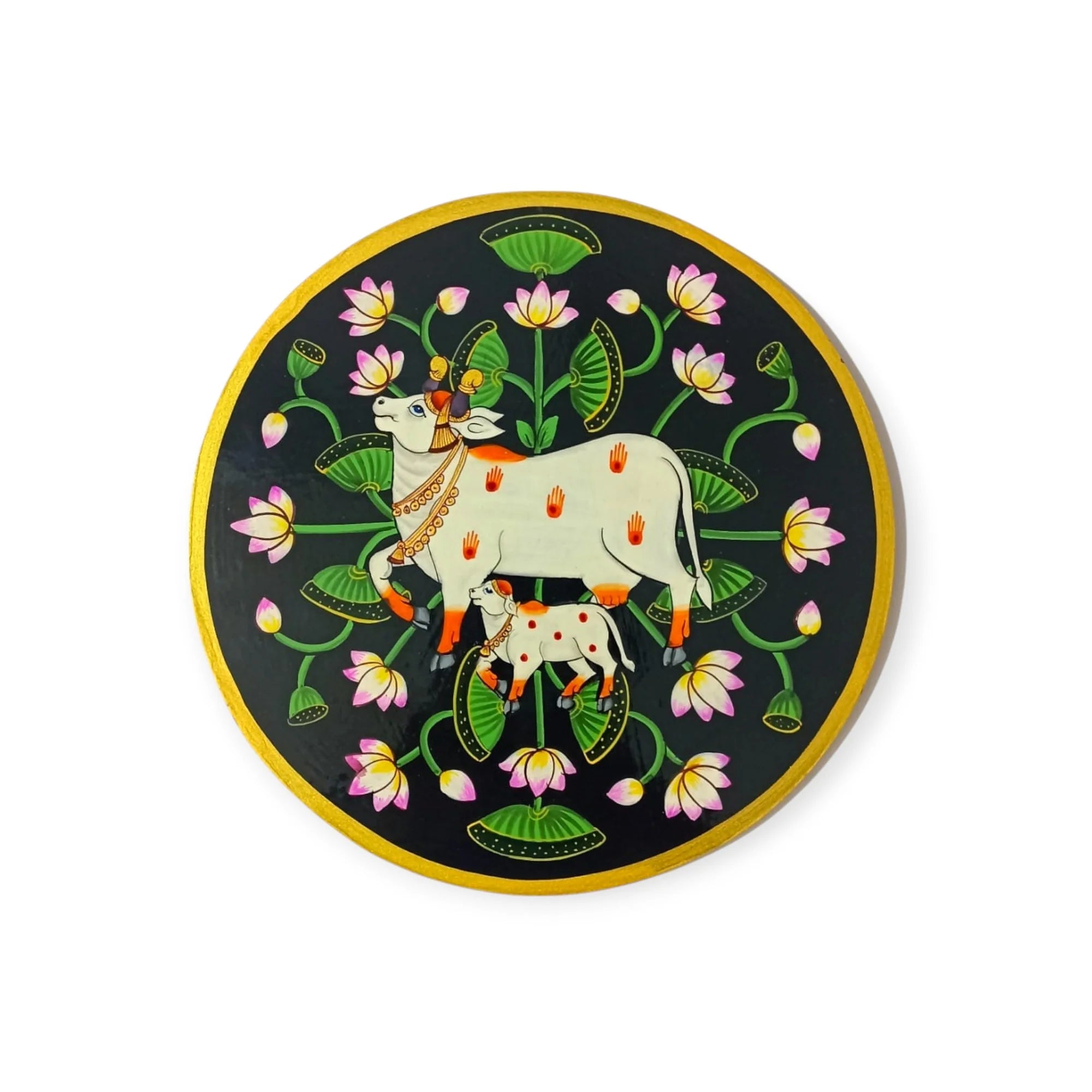 Hand-Painted Pichwai Divine Cow & Calf Wall Plate