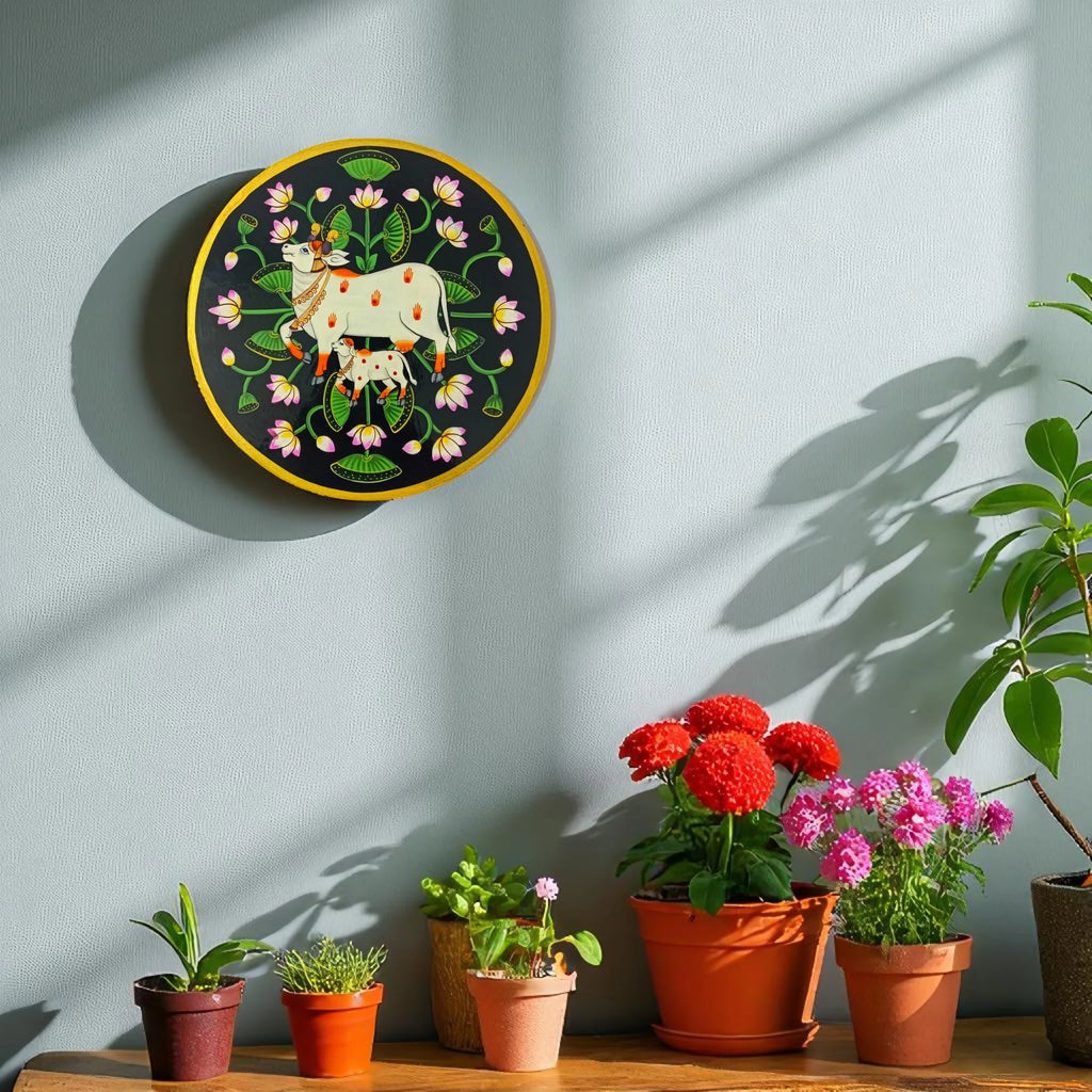 Hand-Painted Pichwai Divine Cow & Calf Wall Plate