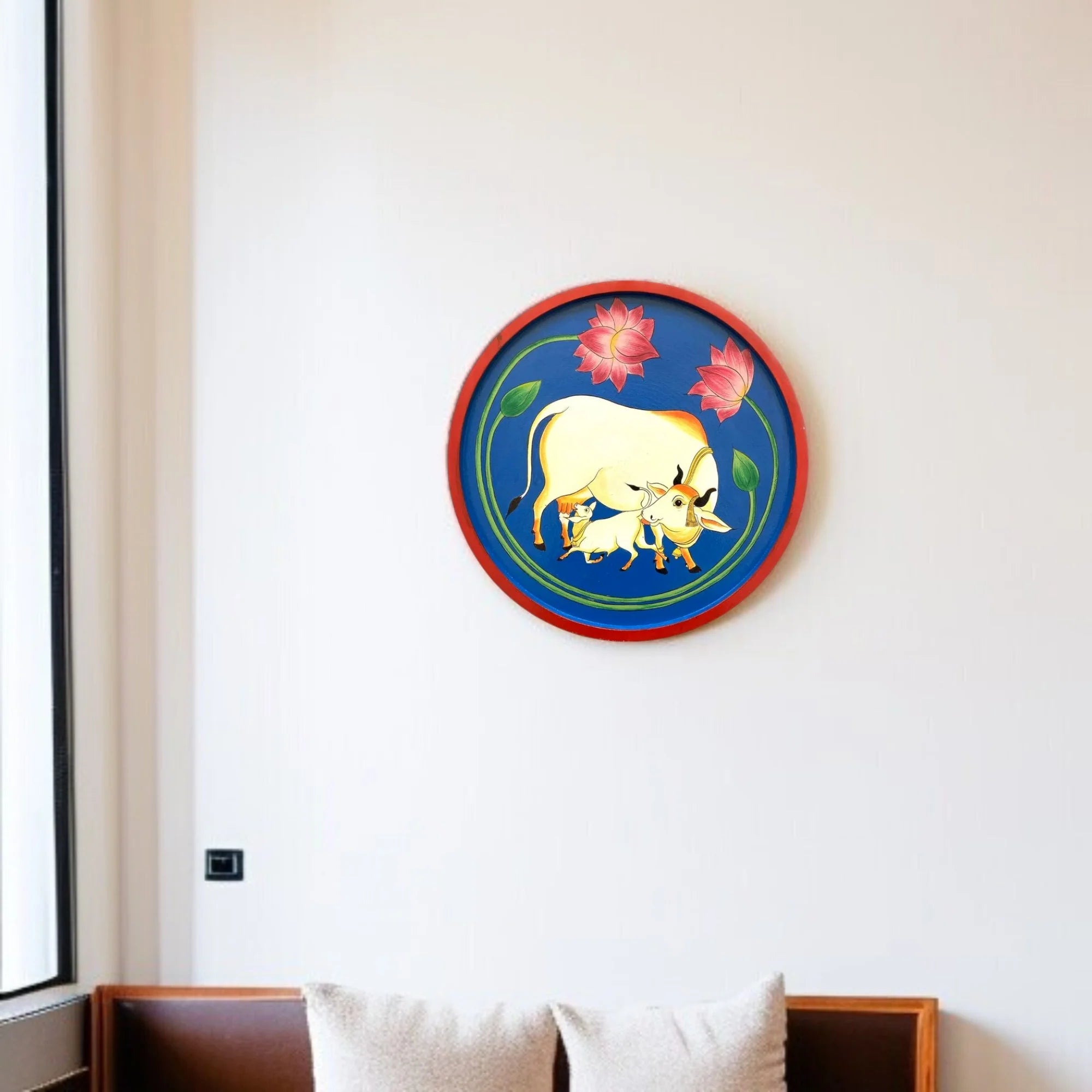 Handmade Pichwai Wooden Wall Plate with Lotus & Kamdhenu