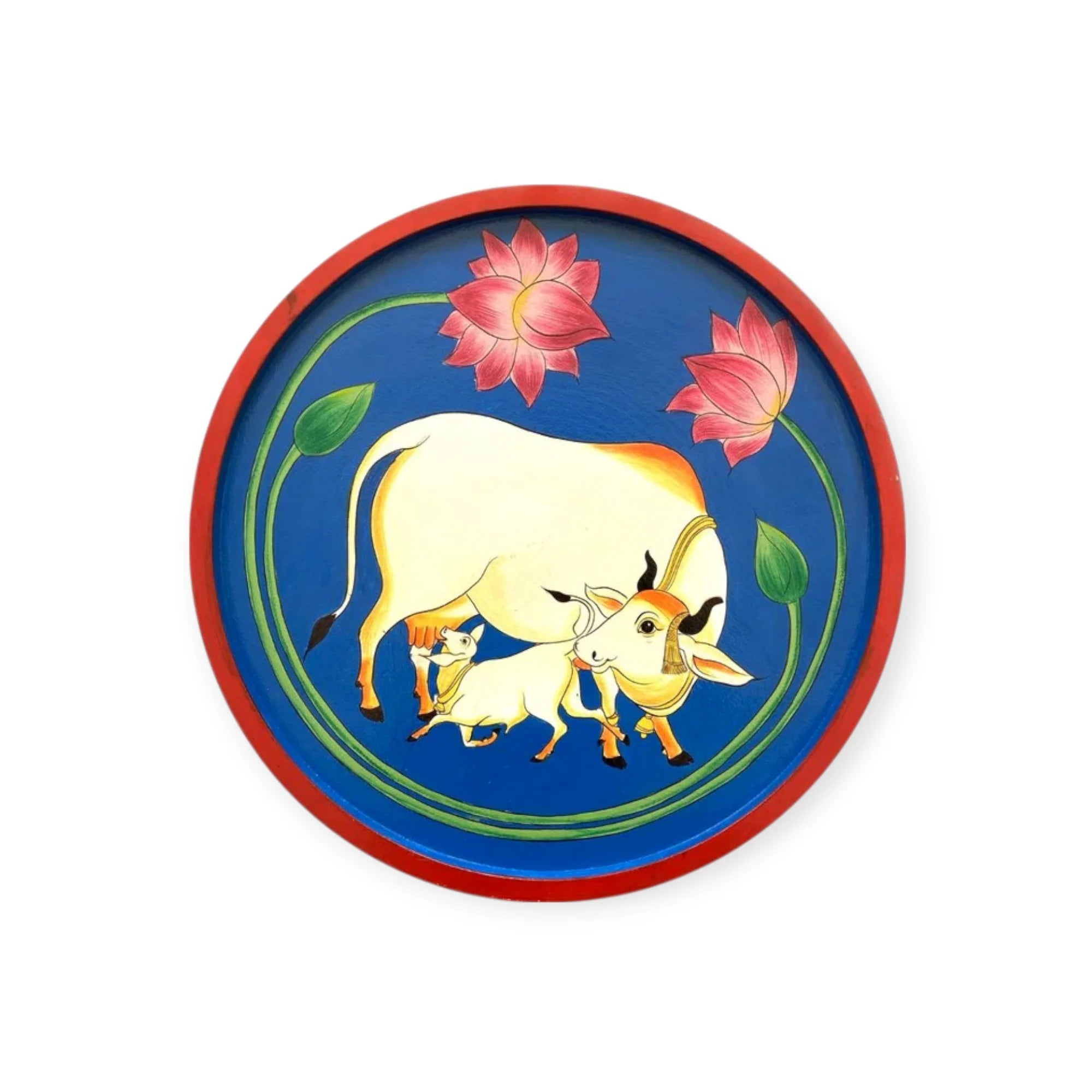 Handmade Pichwai Wooden Wall Plate with Lotus & Kamdhenu