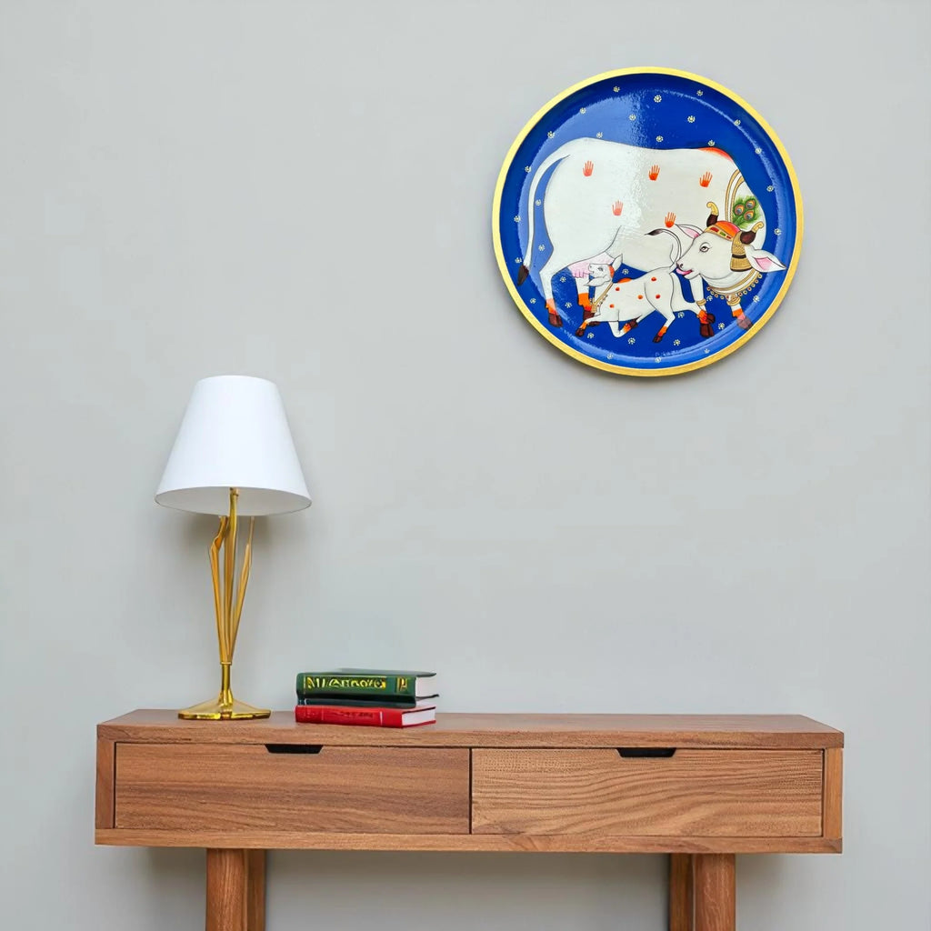 Hand-Painted Pichwai Divine Cow & Calf Wall Plate White Speckles Stars
