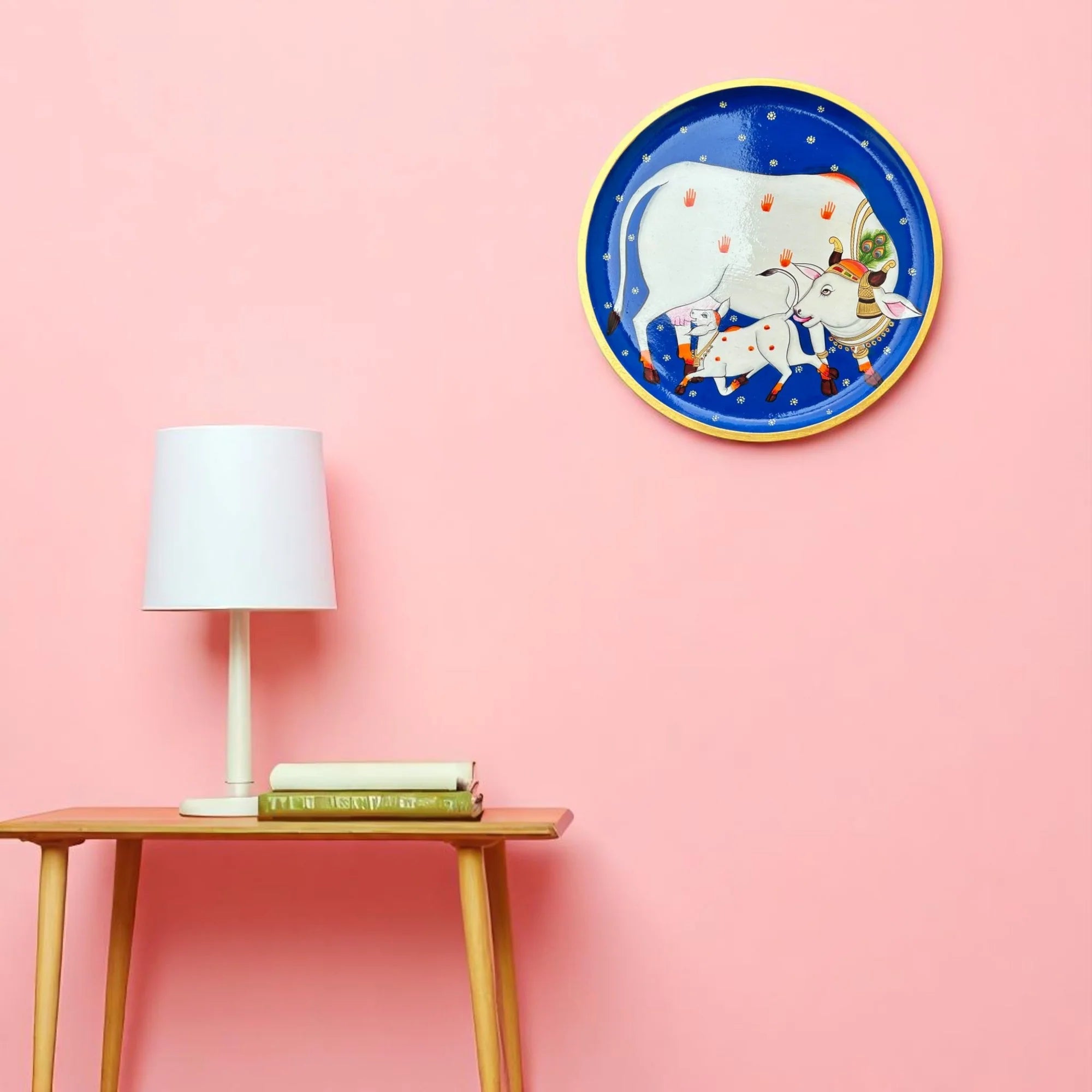 Hand-Painted Pichwai Divine Cow & Calf Wall Plate White Speckles Stars Secondary image