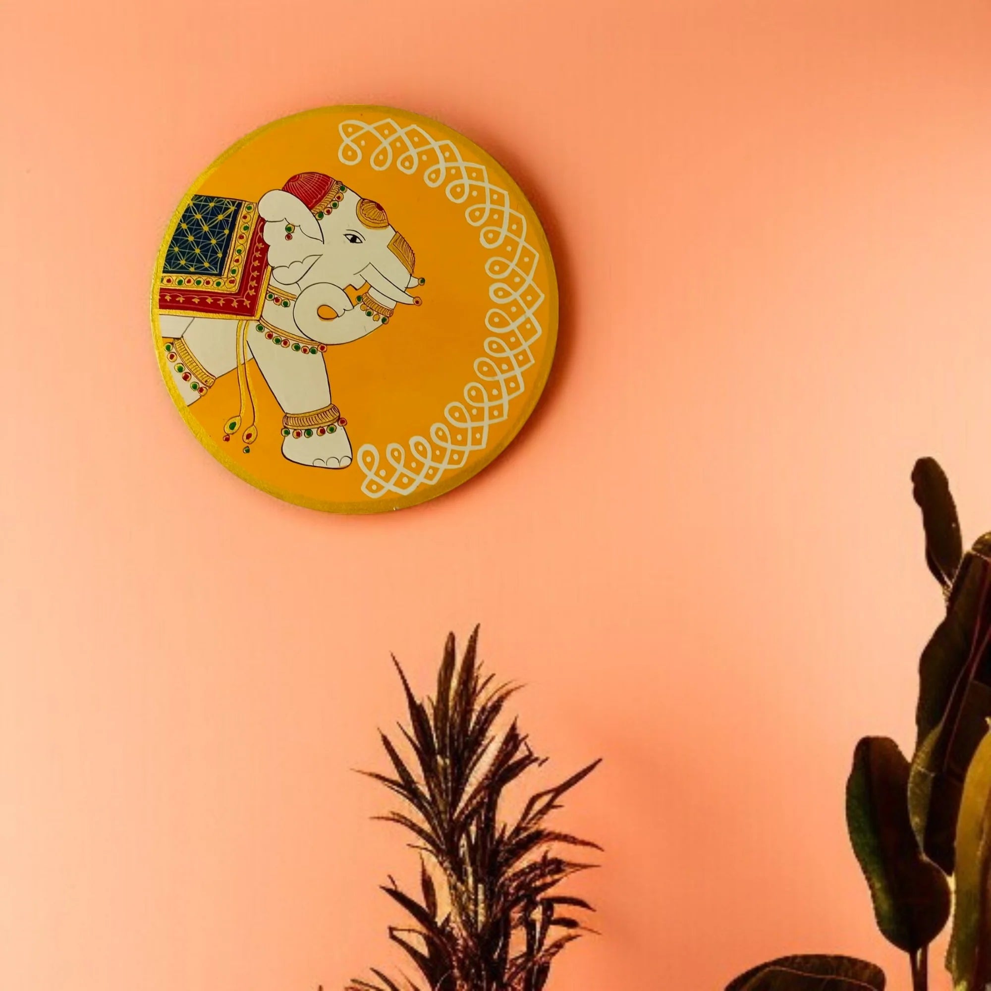 Hand Painted Pichwai Wooden Wall Plate-Elephant