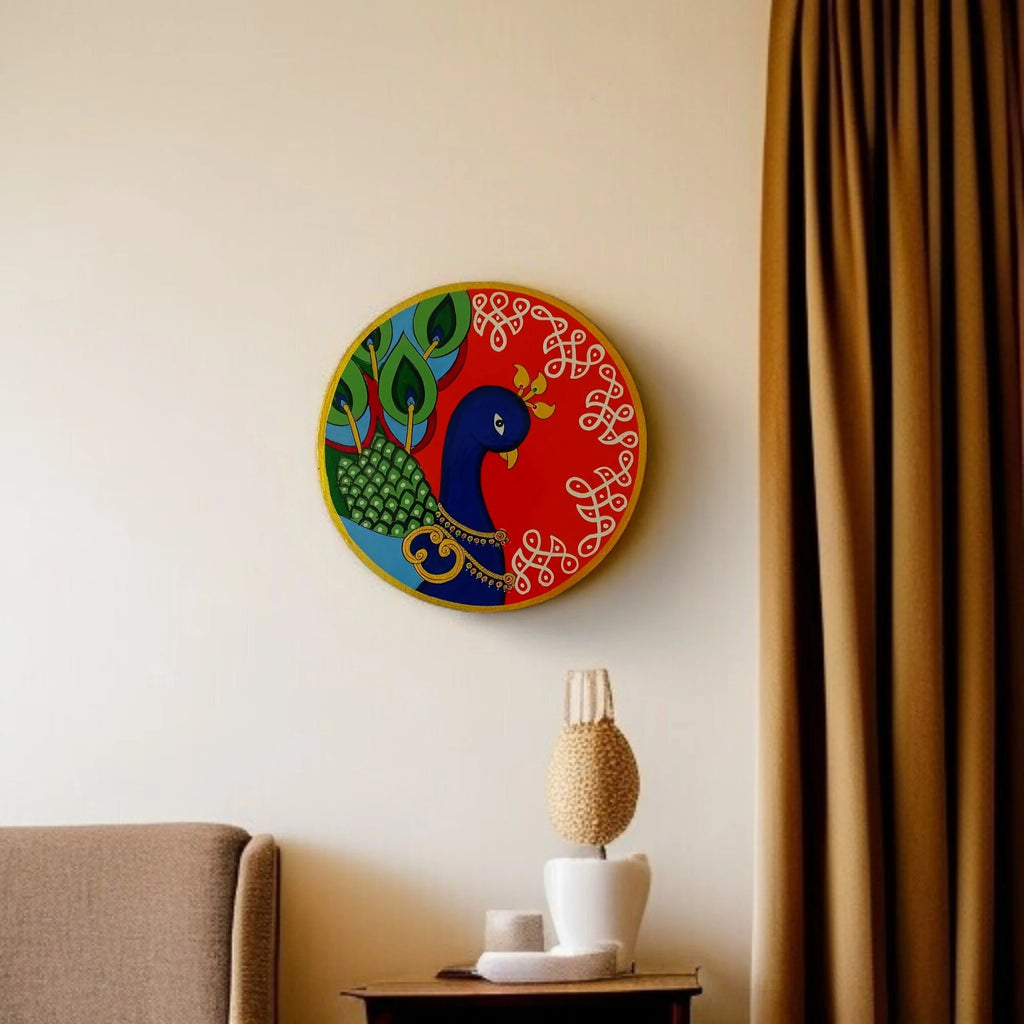 Hand-Painted Pichwai Wooden Wall Plate-Peacock