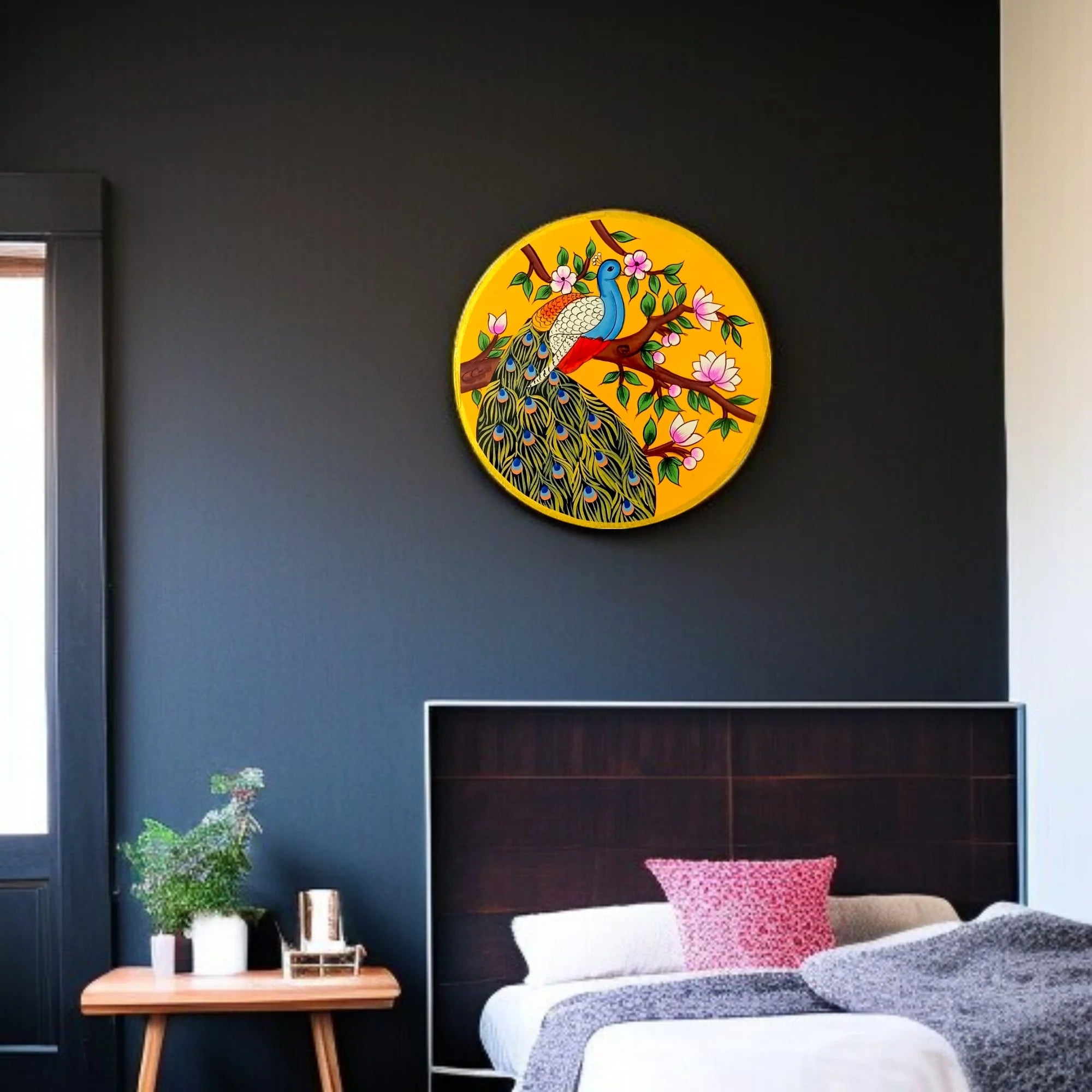 Hand-Painted Peacock Wooden Wall Plate – Floral Grace Main image