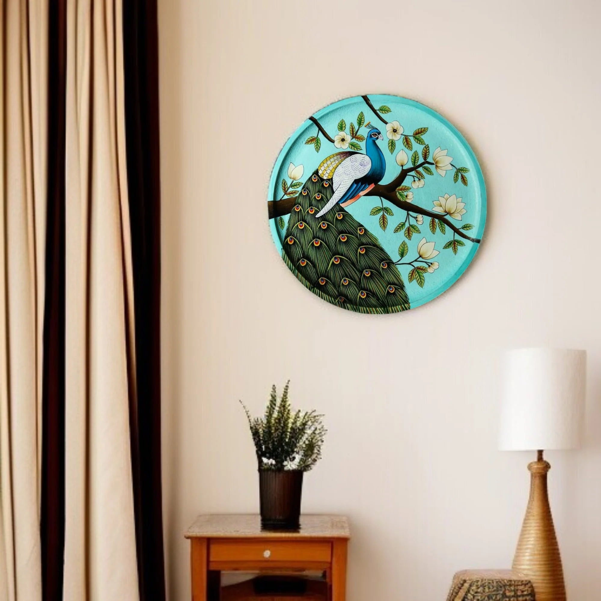 Wooden Hand-Painted Peacock Decorative Plate Main image