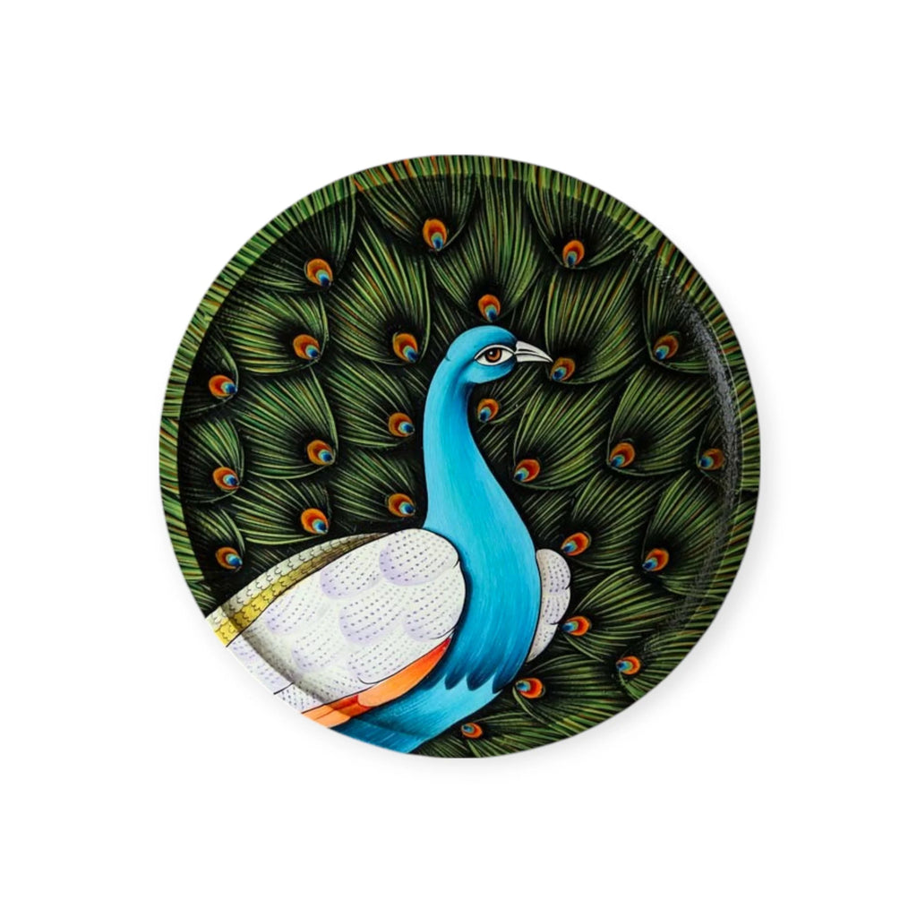 Hand Painted Wooden Wall Plate Vibrant Peacock Motif