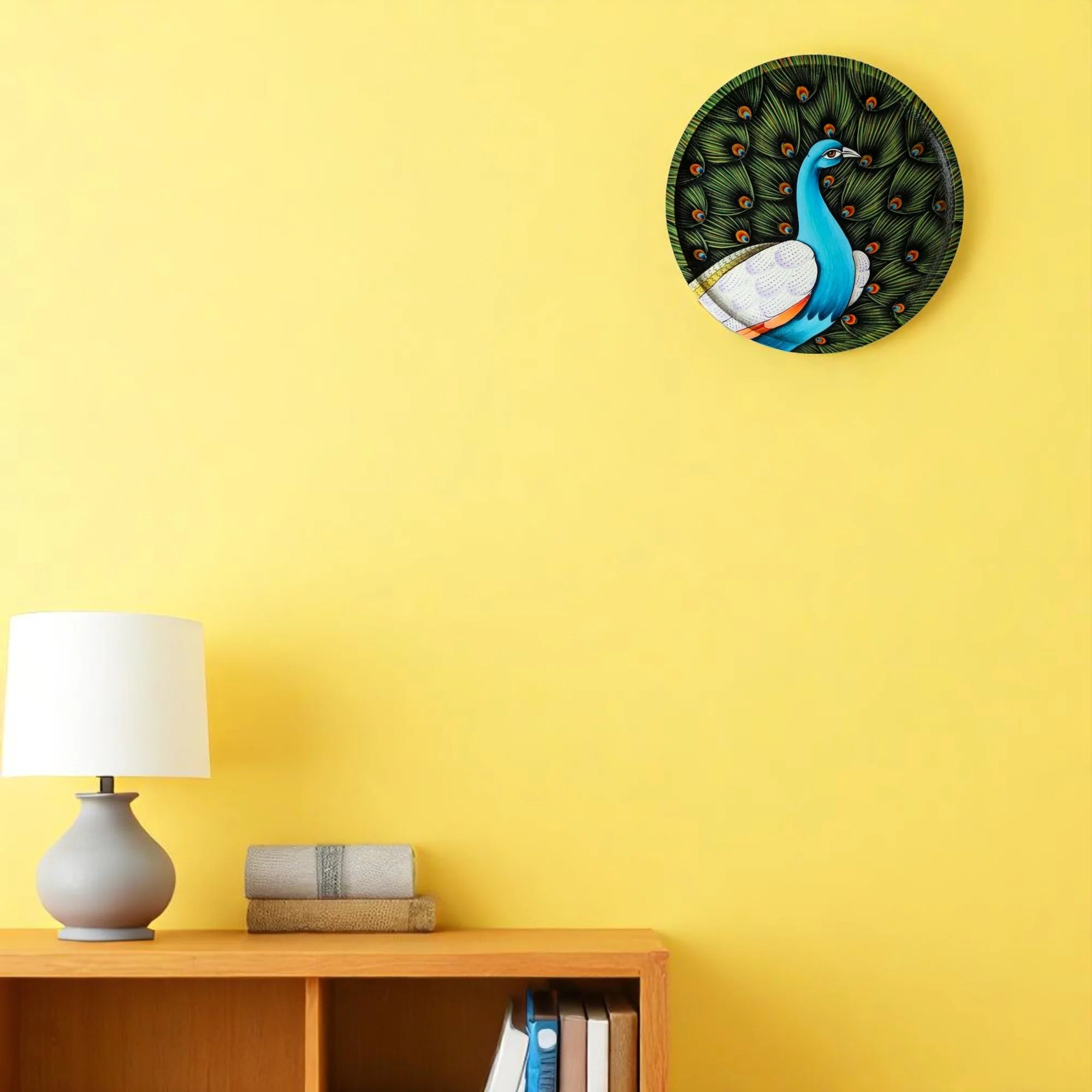 Hand Painted Wooden Wall Plate Vibrant Peacock Motif Main image